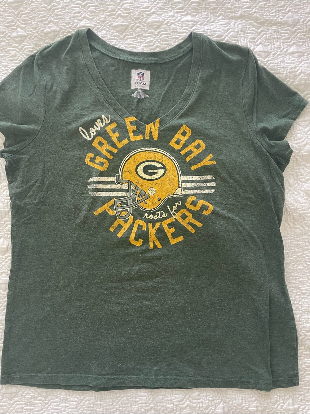 NFL Green Bay Packers Women's Dark Green V-Neck Tee with Yellow Helmet Graphic